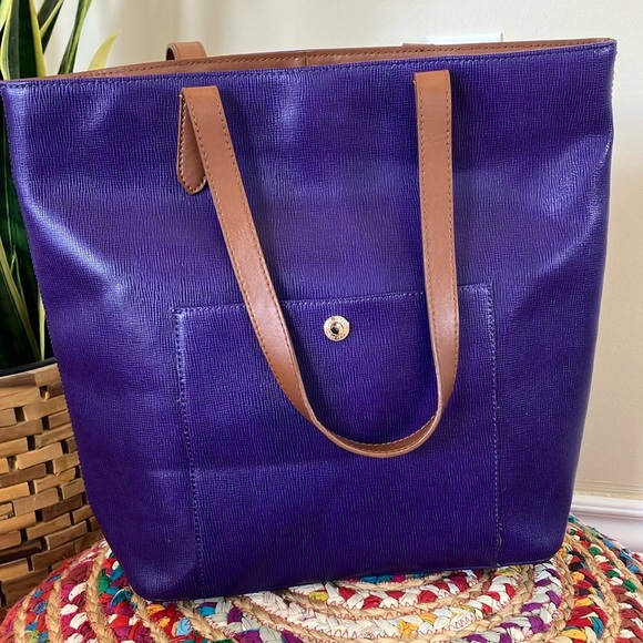 Talbots Purple Tote Bag with Brown Tan Straps - Picture 2 of 5
